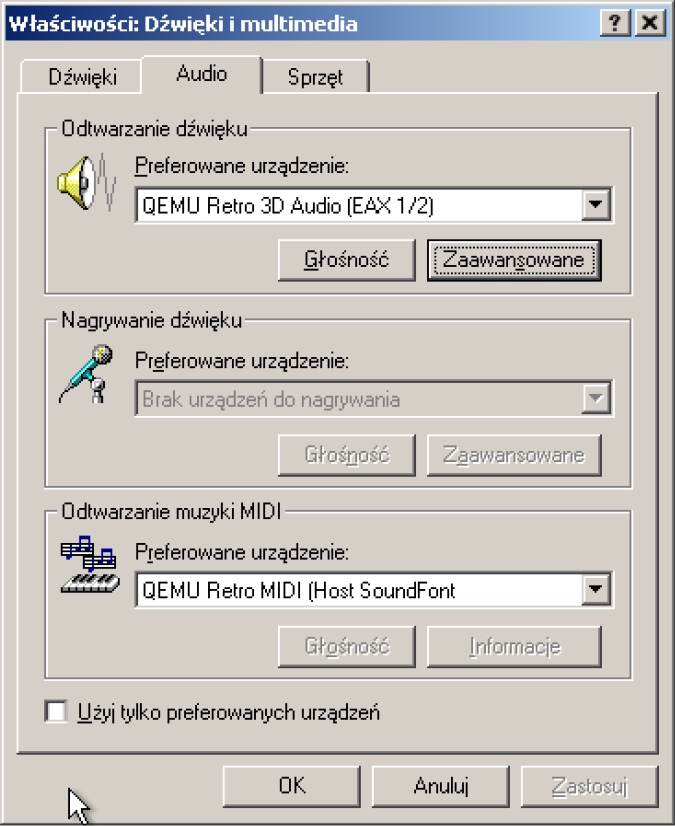 Urządzenia QEMU Retro 3D Audio i MIDI w Windows 2000