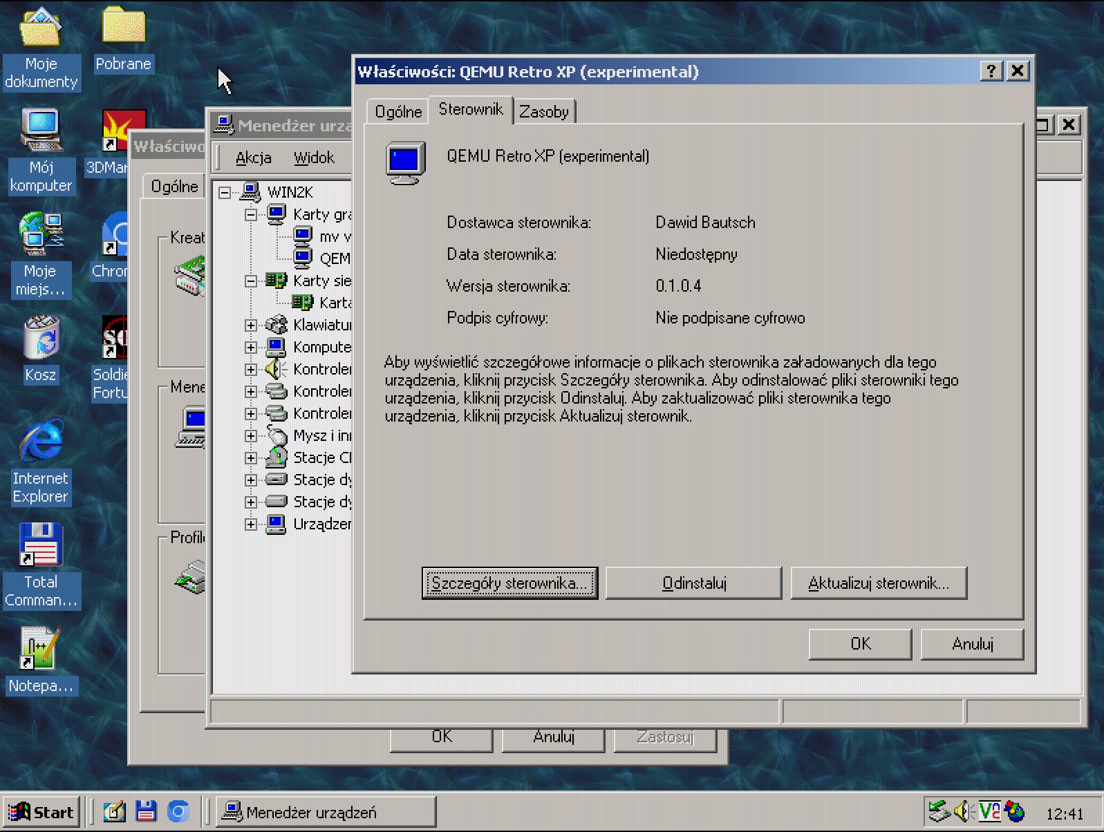 Właściwości sterownika QEMU Retro XP w Windows 2000