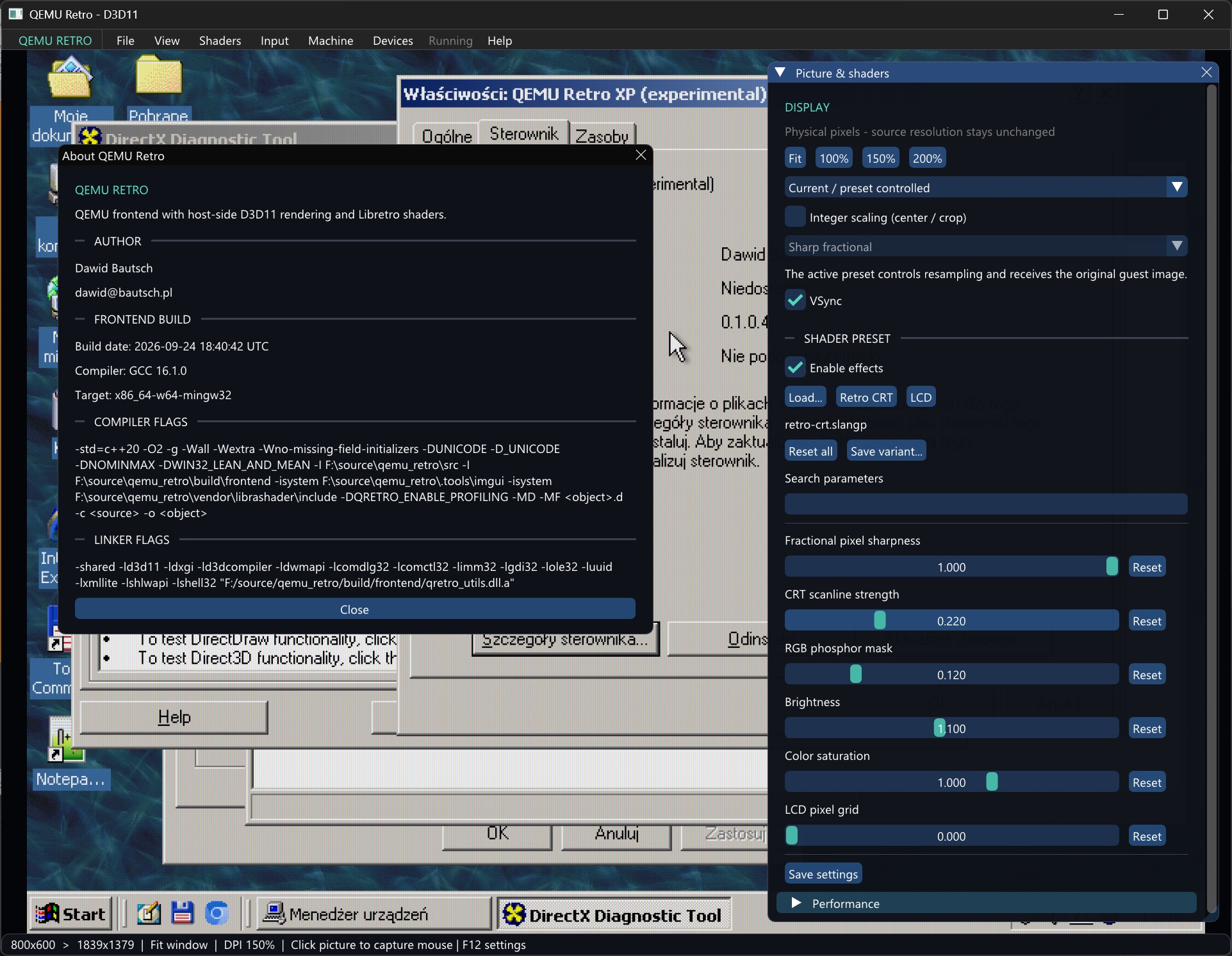 Frontend QEMU Retro z ustawieniami obrazu i shaderów
