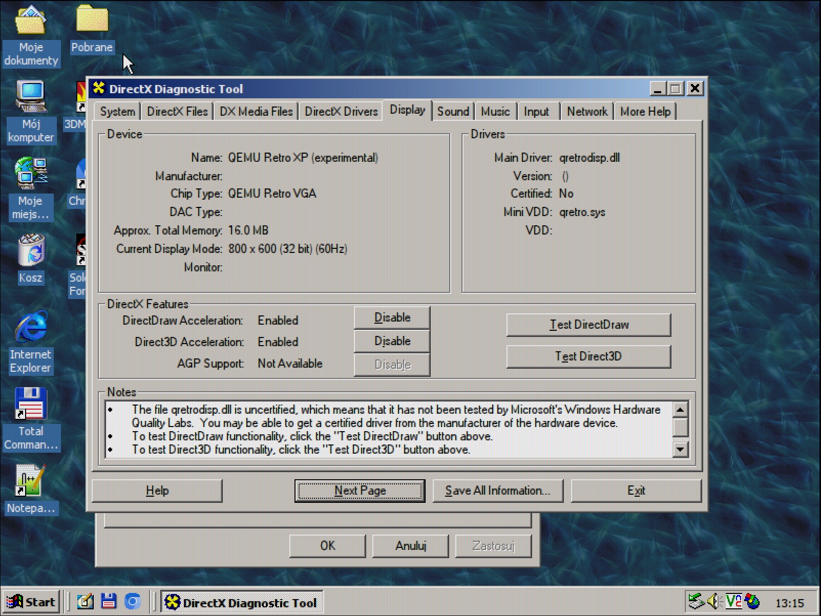 Windows 2000 z wygładzonym tekstem w narzędziu diagnostycznym DirectX
